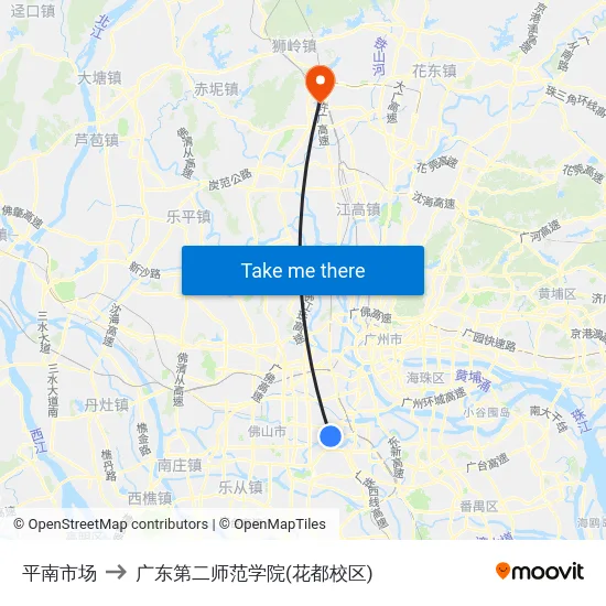 平南市场 to 广东第二师范学院(花都校区) map