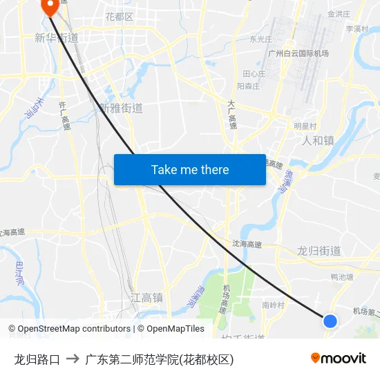 龙归路口 to 广东第二师范学院(花都校区) map