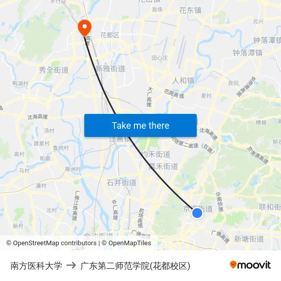 南方医科大学 to 广东第二师范学院(花都校区) map