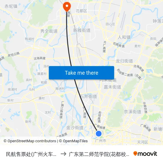 民航售票处(广州火车站) to 广东第二师范学院(花都校区) map