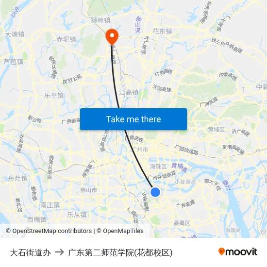 大石街道办 to 广东第二师范学院(花都校区) map