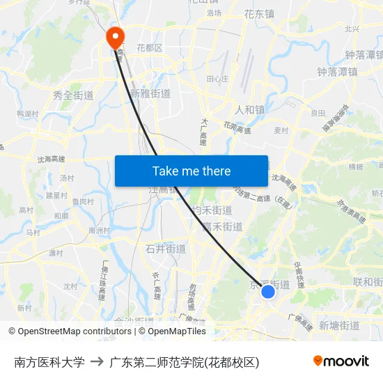 南方医科大学 to 广东第二师范学院(花都校区) map