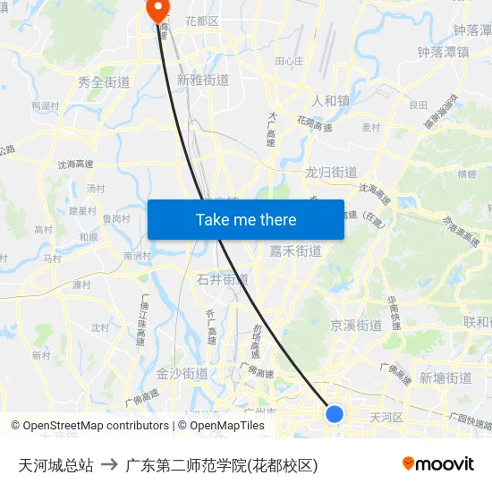 天河城总站 to 广东第二师范学院(花都校区) map