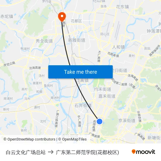 白云文化广场总站 to 广东第二师范学院(花都校区) map