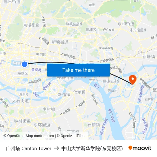 广州塔 Canton Tower to 中山大学新华学院(东莞校区) map