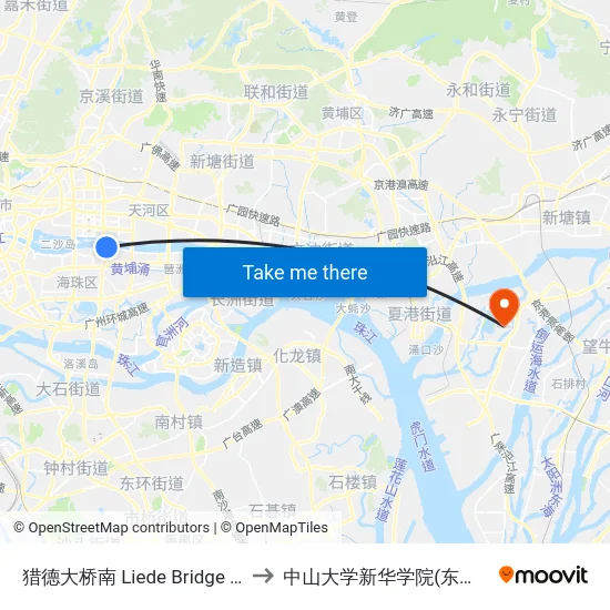 猎德大桥南 Liede Bridge South to 中山大学新华学院(东莞校区) map