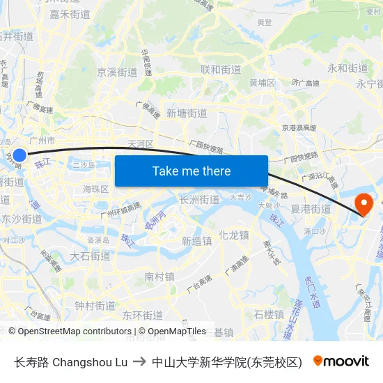 长寿路 Changshou Lu to 中山大学新华学院(东莞校区) map
