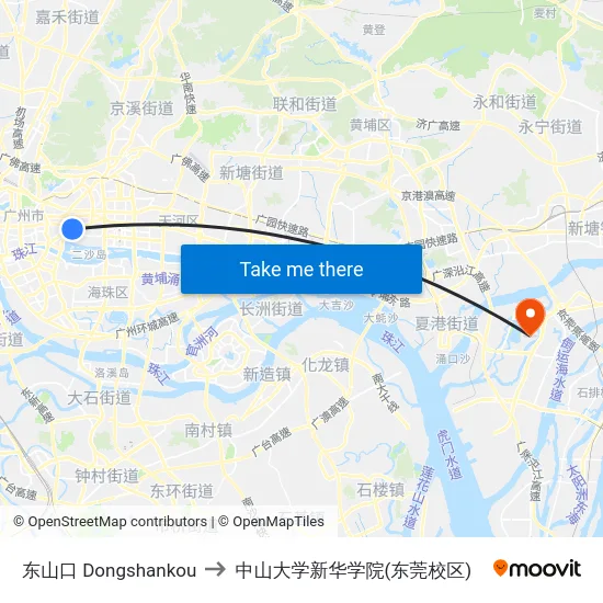 东山口 Dongshankou to 中山大学新华学院(东莞校区) map