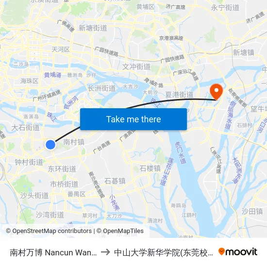 南村万博 Nancun Wanbo to 中山大学新华学院(东莞校区) map