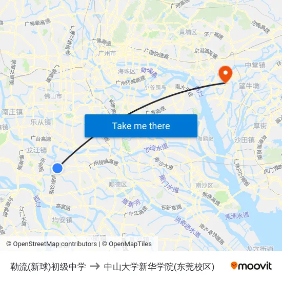 勒流(新球)初级中学 to 中山大学新华学院(东莞校区) map