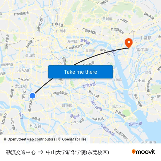 勒流交通中心 to 中山大学新华学院(东莞校区) map