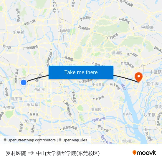 罗村医院 to 中山大学新华学院(东莞校区) map