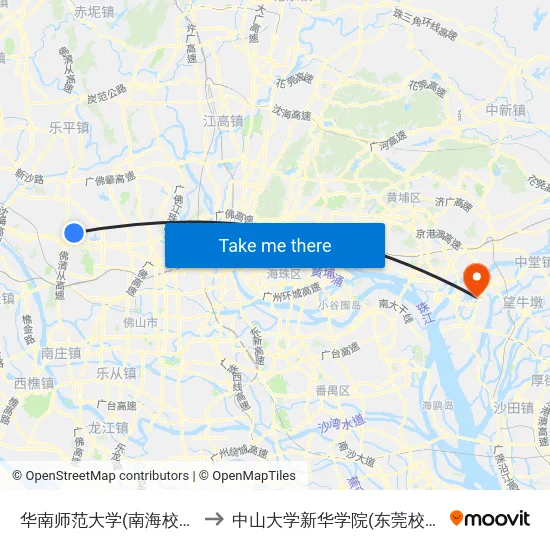 华南师范大学(南海校区) to 中山大学新华学院(东莞校区) map