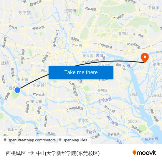 西樵城区 to 中山大学新华学院(东莞校区) map