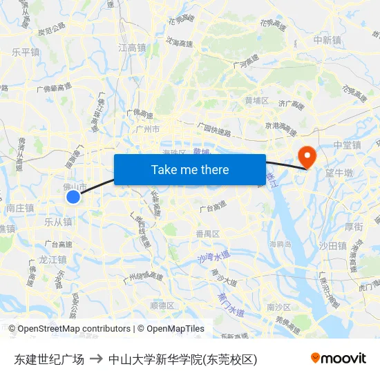 东建世纪广场 to 中山大学新华学院(东莞校区) map