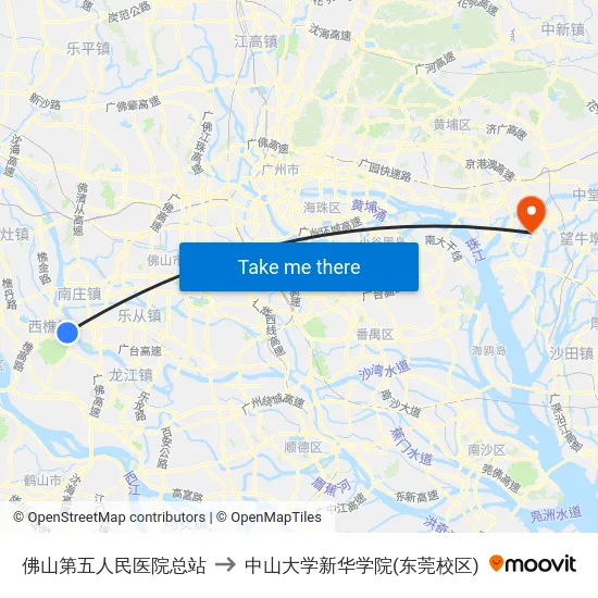 佛山第五人民医院总站 to 中山大学新华学院(东莞校区) map