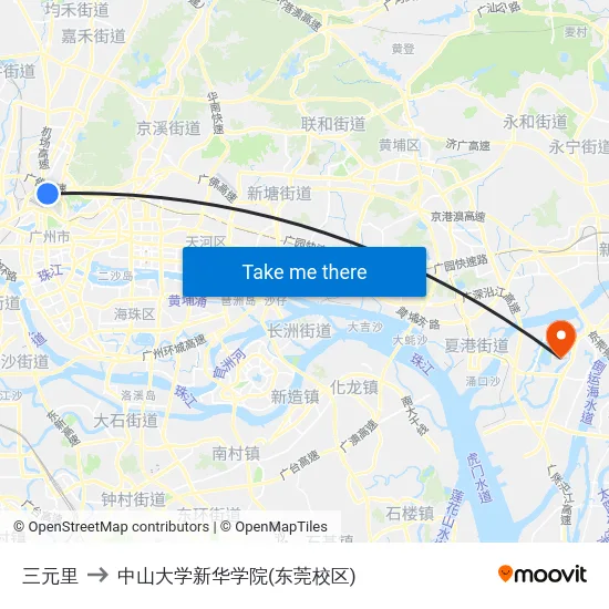 三元里 to 中山大学新华学院(东莞校区) map
