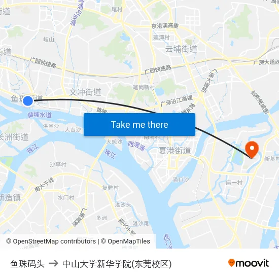 鱼珠码头 to 中山大学新华学院(东莞校区) map