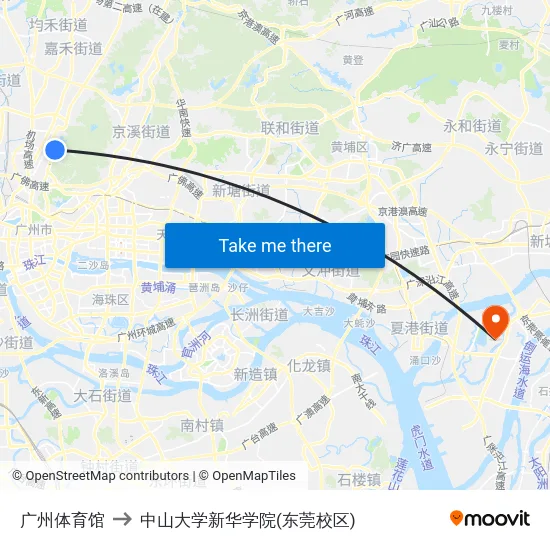 广州体育馆 to 中山大学新华学院(东莞校区) map