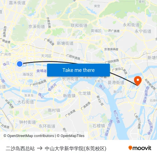 二沙岛西总站 to 中山大学新华学院(东莞校区) map