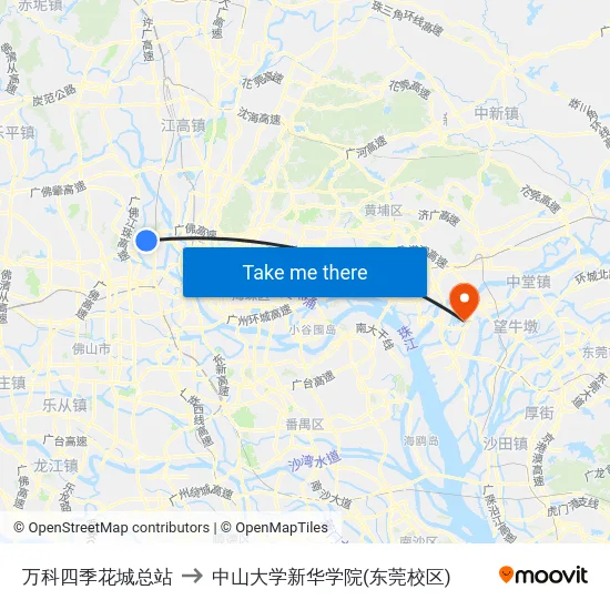 万科四季花城总站 to 中山大学新华学院(东莞校区) map