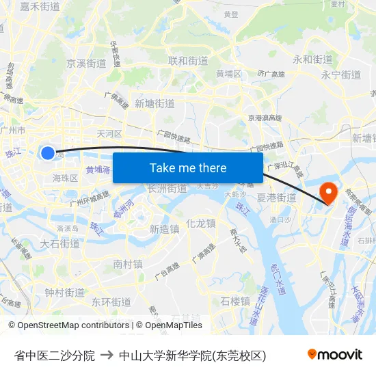 省中医二沙分院 to 中山大学新华学院(东莞校区) map