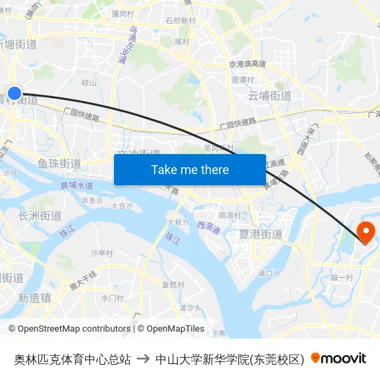 奥林匹克体育中心总站 to 中山大学新华学院(东莞校区) map