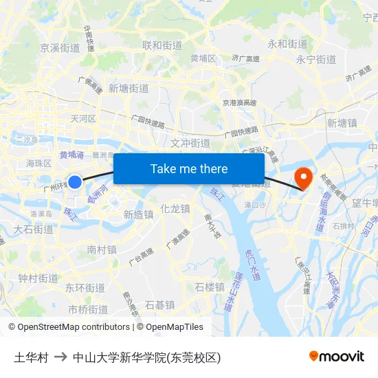 土华村 to 中山大学新华学院(东莞校区) map
