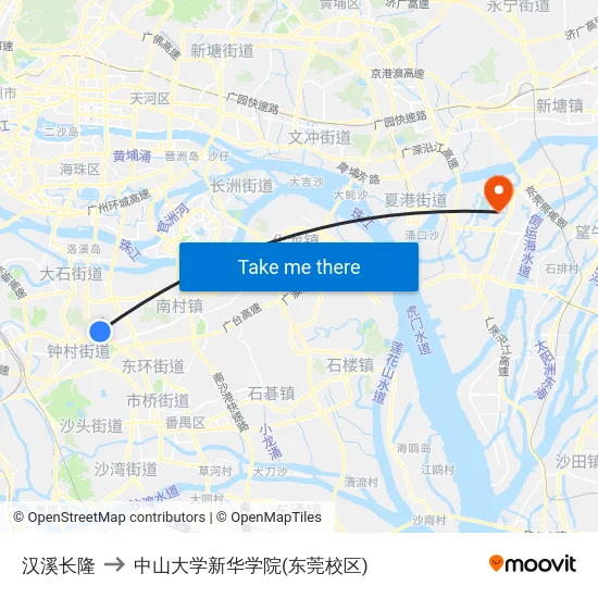 汉溪长隆 to 中山大学新华学院(东莞校区) map