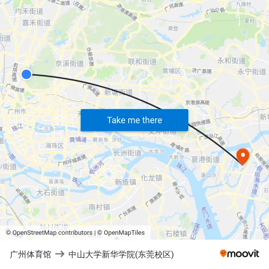 广州体育馆 to 中山大学新华学院(东莞校区) map