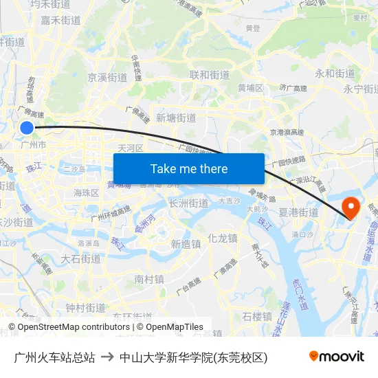广州火车站总站 to 中山大学新华学院(东莞校区) map