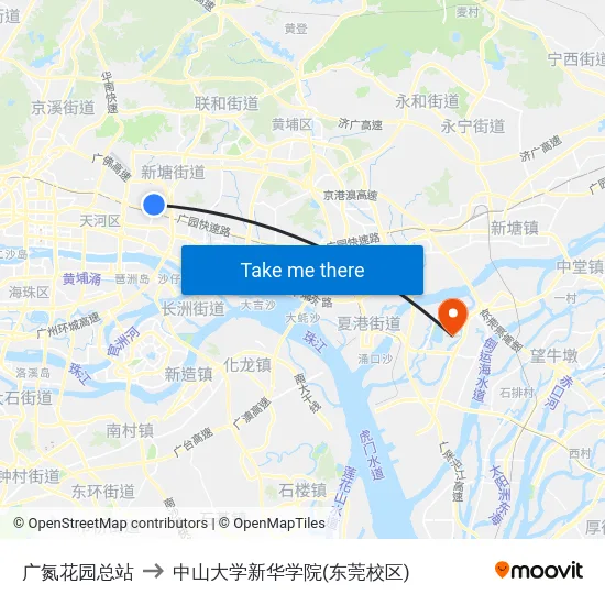 广氮花园总站 to 中山大学新华学院(东莞校区) map