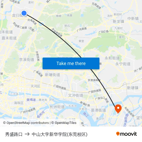 秀盛路口 to 中山大学新华学院(东莞校区) map