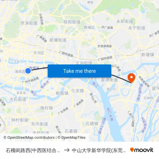 石榴岗路西(中西医结合医院) to 中山大学新华学院(东莞校区) map