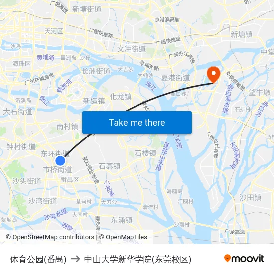 体育公园(番禺) to 中山大学新华学院(东莞校区) map