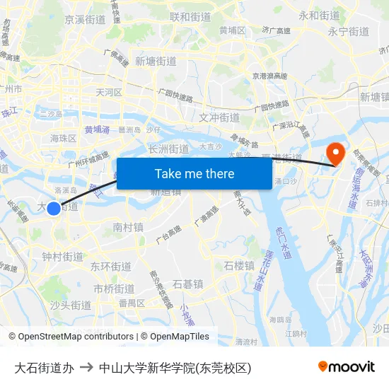 大石街道办 to 中山大学新华学院(东莞校区) map