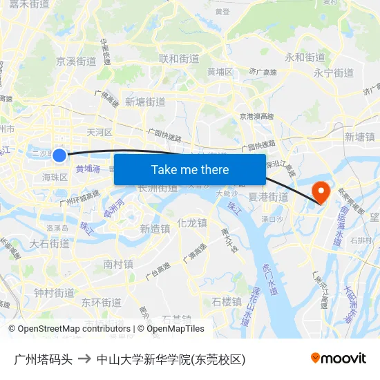 广州塔码头 to 中山大学新华学院(东莞校区) map