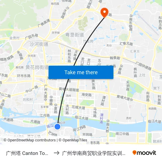 广州塔 Canton Tower to 广州华南商贸职业学院实训基地 map