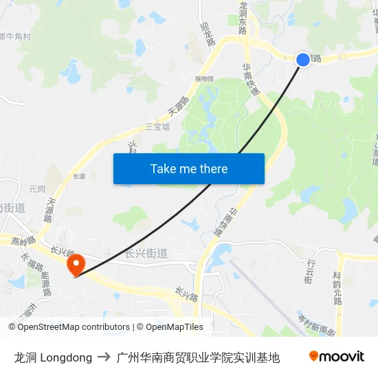 龙洞 Longdong to 广州华南商贸职业学院实训基地 map