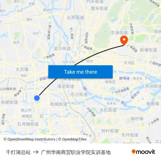 千灯湖总站 to 广州华南商贸职业学院实训基地 map