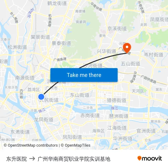 东升医院 to 广州华南商贸职业学院实训基地 map