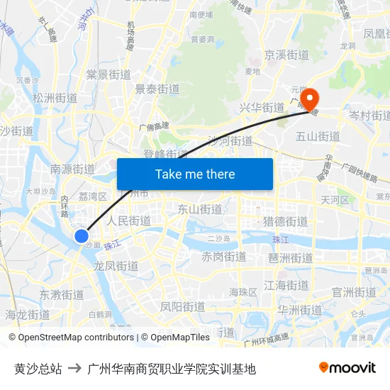 黄沙总站 to 广州华南商贸职业学院实训基地 map