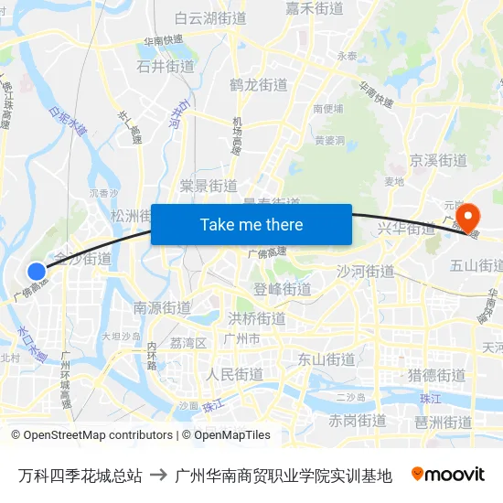 万科四季花城总站 to 广州华南商贸职业学院实训基地 map