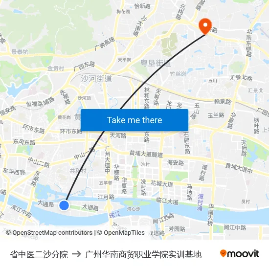 省中医二沙分院 to 广州华南商贸职业学院实训基地 map