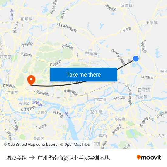 增城宾馆 to 广州华南商贸职业学院实训基地 map