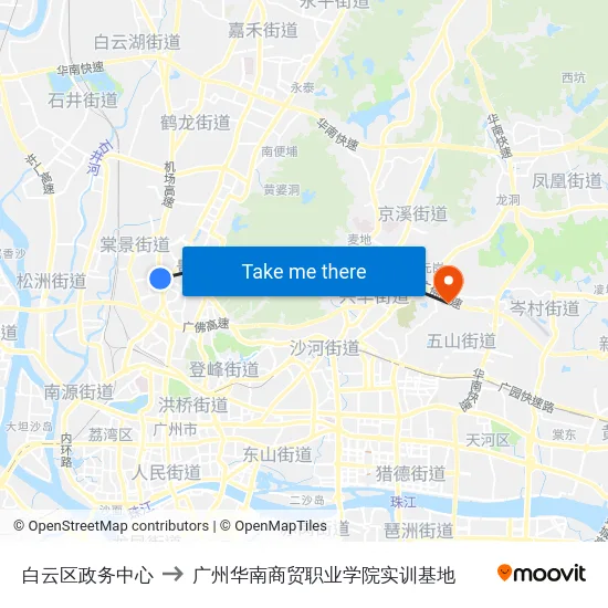 白云区政务中心 to 广州华南商贸职业学院实训基地 map