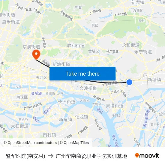 暨华医院(南安村) to 广州华南商贸职业学院实训基地 map