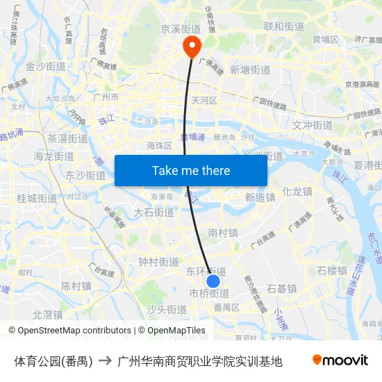 体育公园(番禺) to 广州华南商贸职业学院实训基地 map