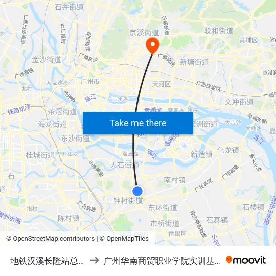 地铁汉溪长隆站总站 to 广州华南商贸职业学院实训基地 map