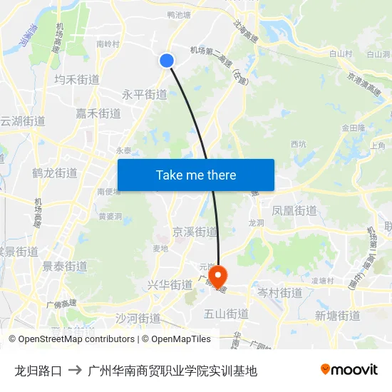 龙归路口 to 广州华南商贸职业学院实训基地 map